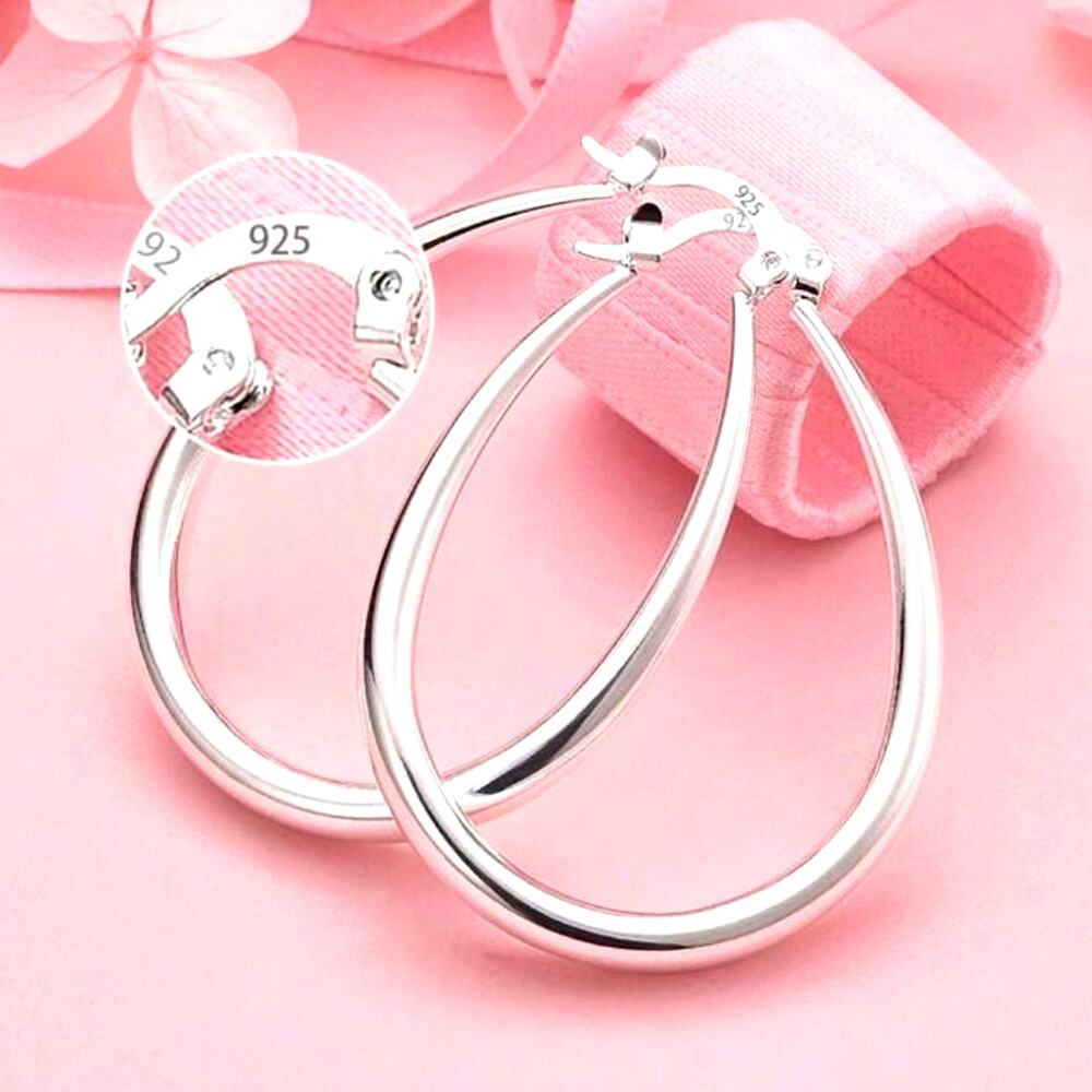 925 Sterling Silver 2 in Hoop Earrings Oval 4mm Women's Vintage Fashion Gift